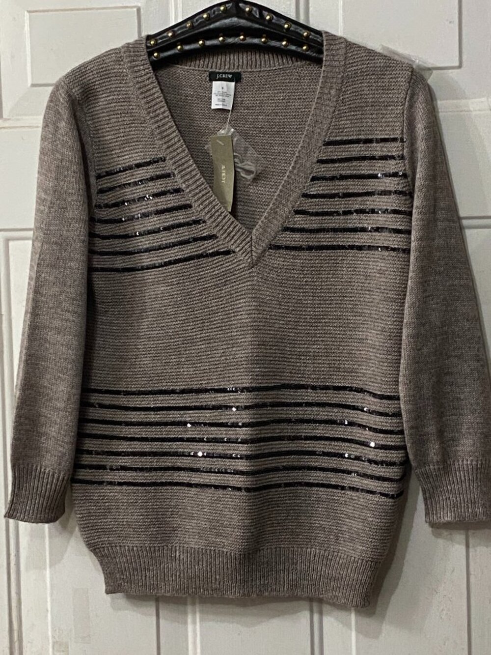 NWT J. Crew Sz S Womens Sweater V-Neck 3/4 Sleeve Wool/Alpaca Taupe Black Stripe